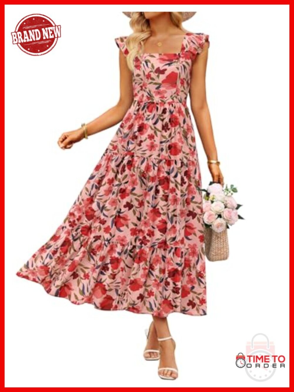 Womens Summer Boho Floral Midi Dress Square Neck Ruffle Sleeve A Line